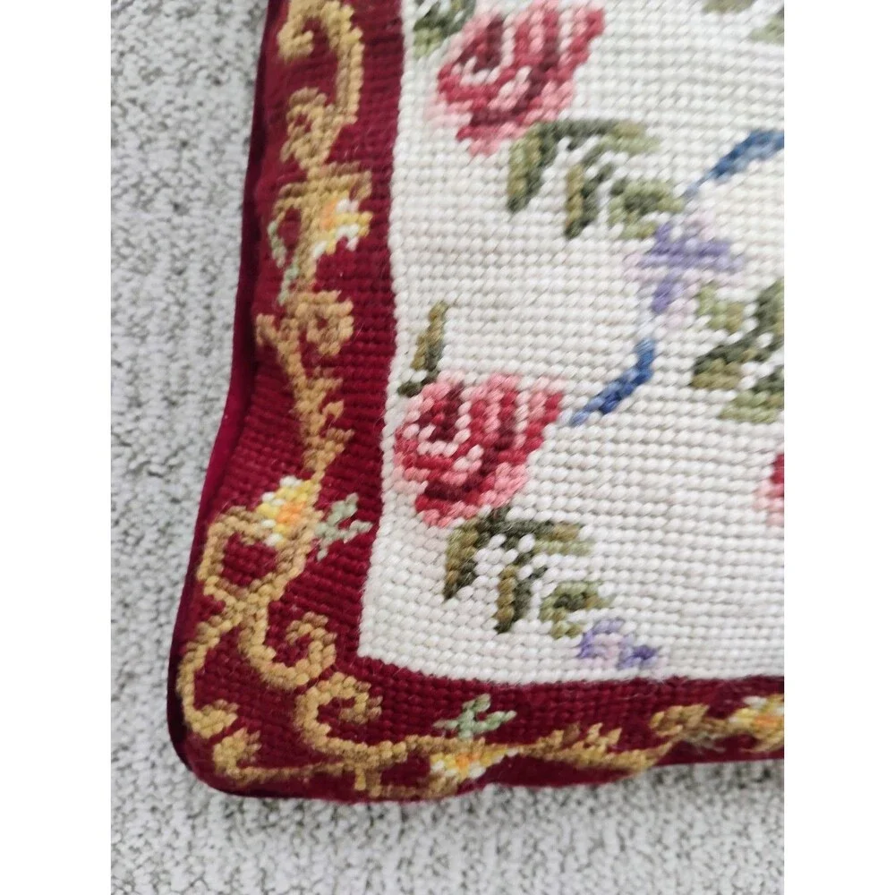 Vtg Rose Handmade Needlepoint Pillow 13
